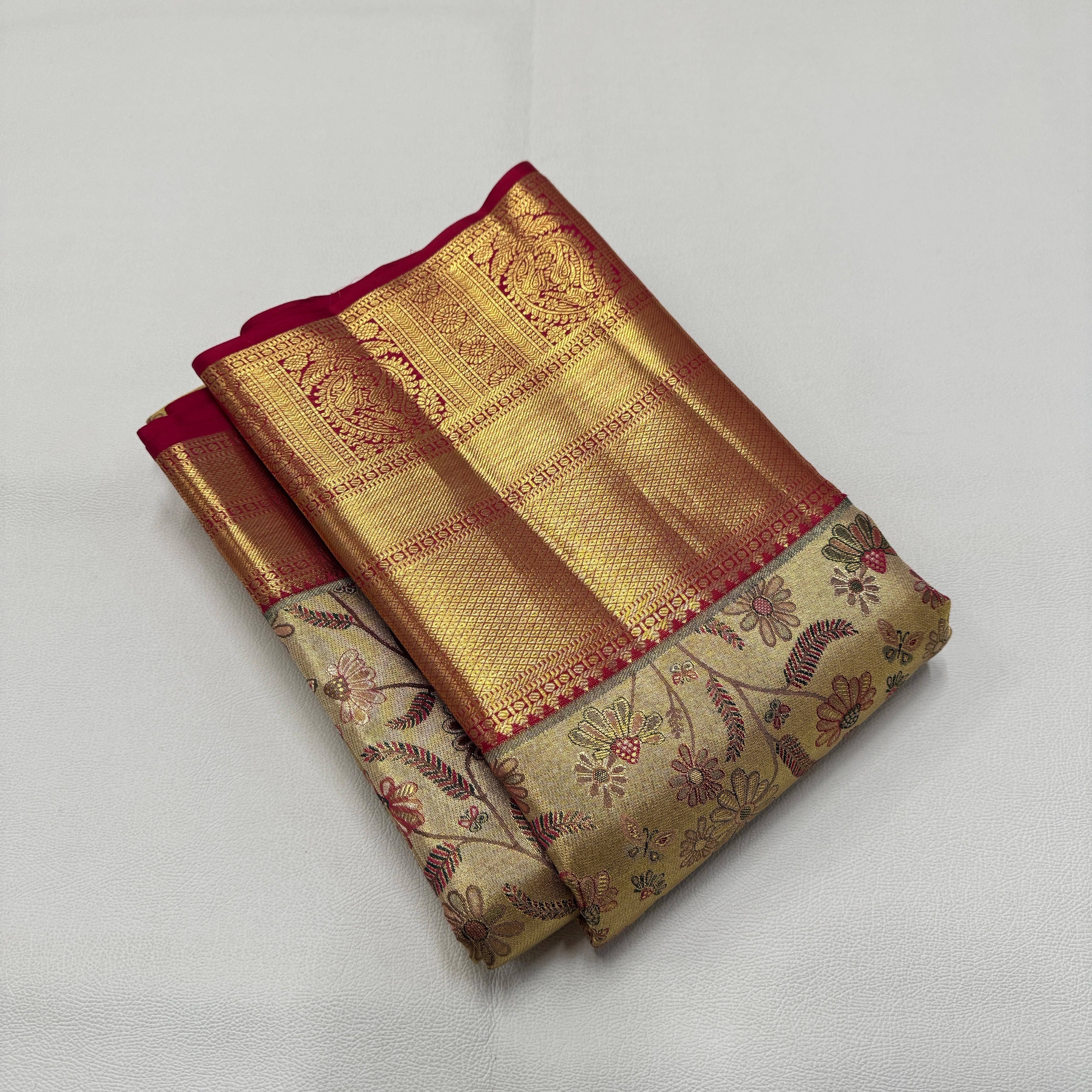 Classic Golden Cream & Maroon Korvai 1gm Zari Bridal Elegance Kanchipuram Tissue Handloom Silk Saree SS26299