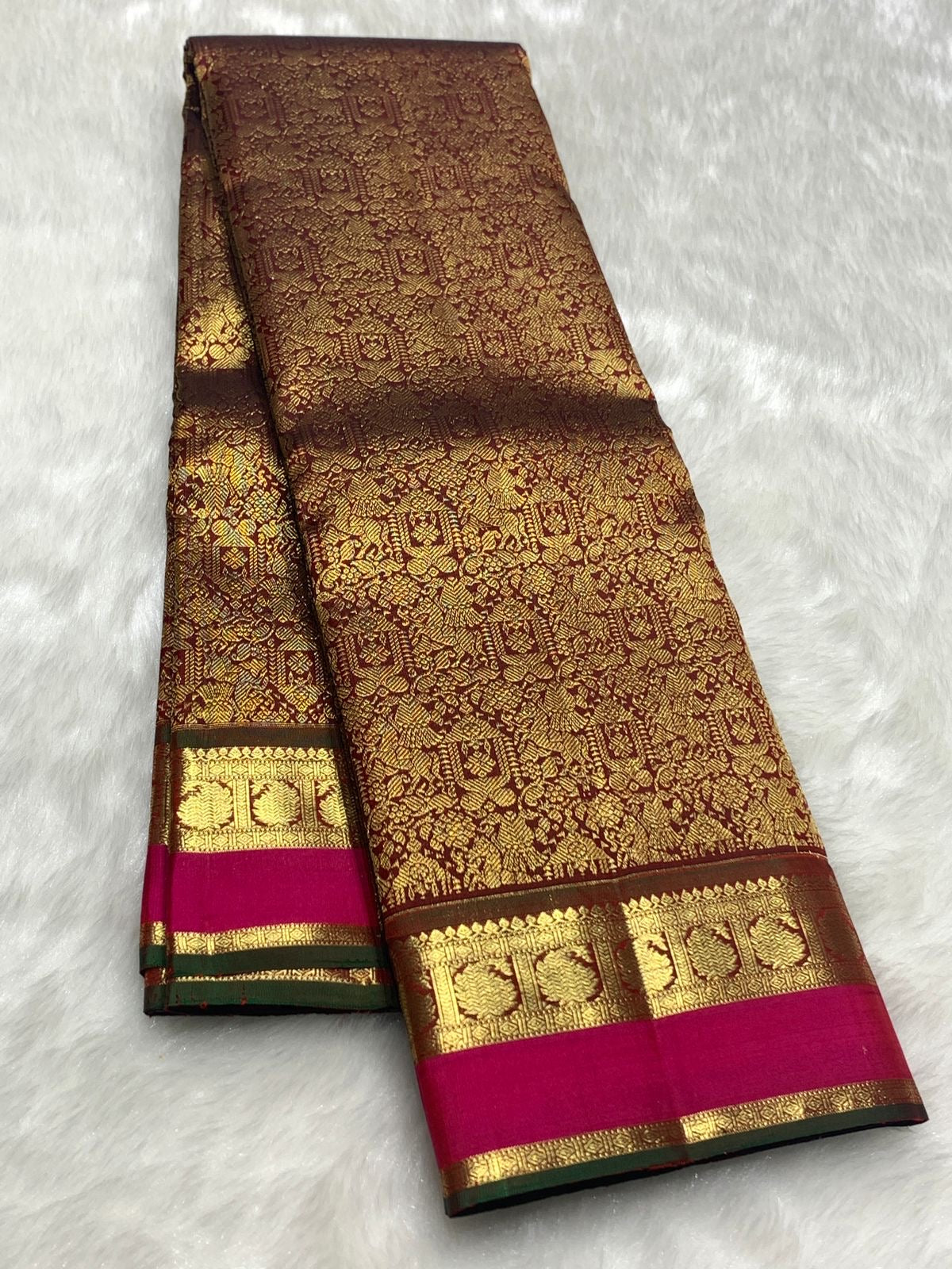 Classic Coffee Brown & Deep Pink 2gm Zari Bridal Elegance Kanchipuram Handloom Silk Saree SS25269