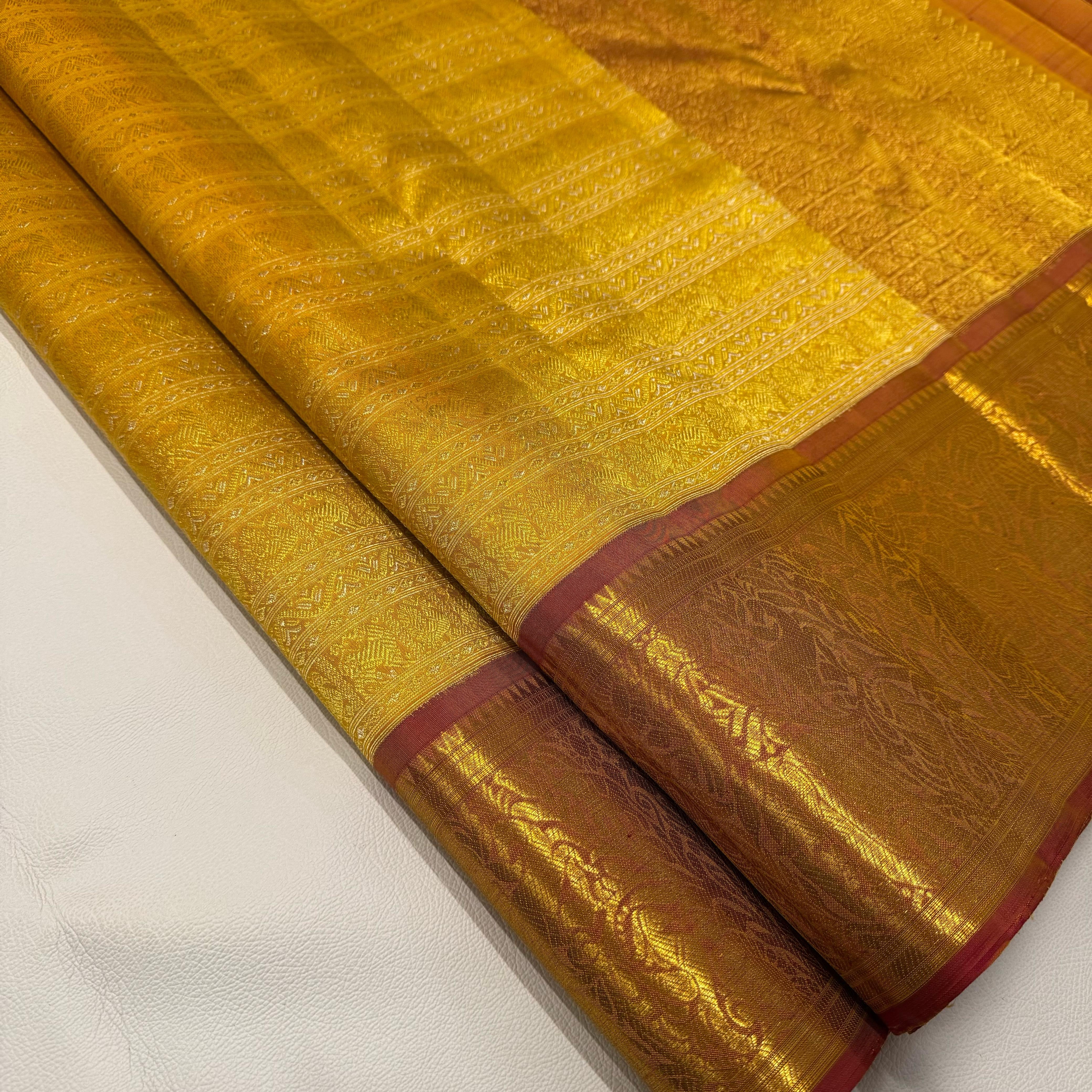 Classic Golden Yellow & Peanut Butter Brown 1gm Zari Bridal Elegance Kanchipuram Handloom Silk Saree SS24633