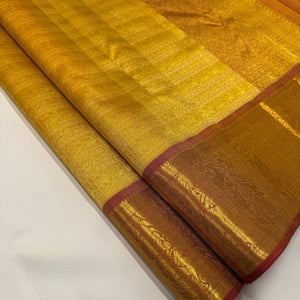 Classic Golden Yellow & Peanut Butter Brown 1gm Zari Bridal Elegance Kanchipuram Handloom Silk Saree SS24633