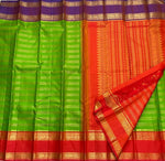 Load image into Gallery viewer, Classic Spring Green Brick Orange &amp; Steel Blue 2gm Zari Beldhari Designed Bridal Elegance Kanchipuram Handloom Silk Saree SS28325
