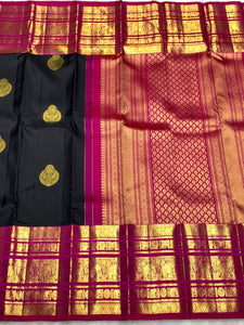 Classic Charcoal Black & Dark Pink 2gm Zari Kanchipuram Handloom Silk Saree SS25826