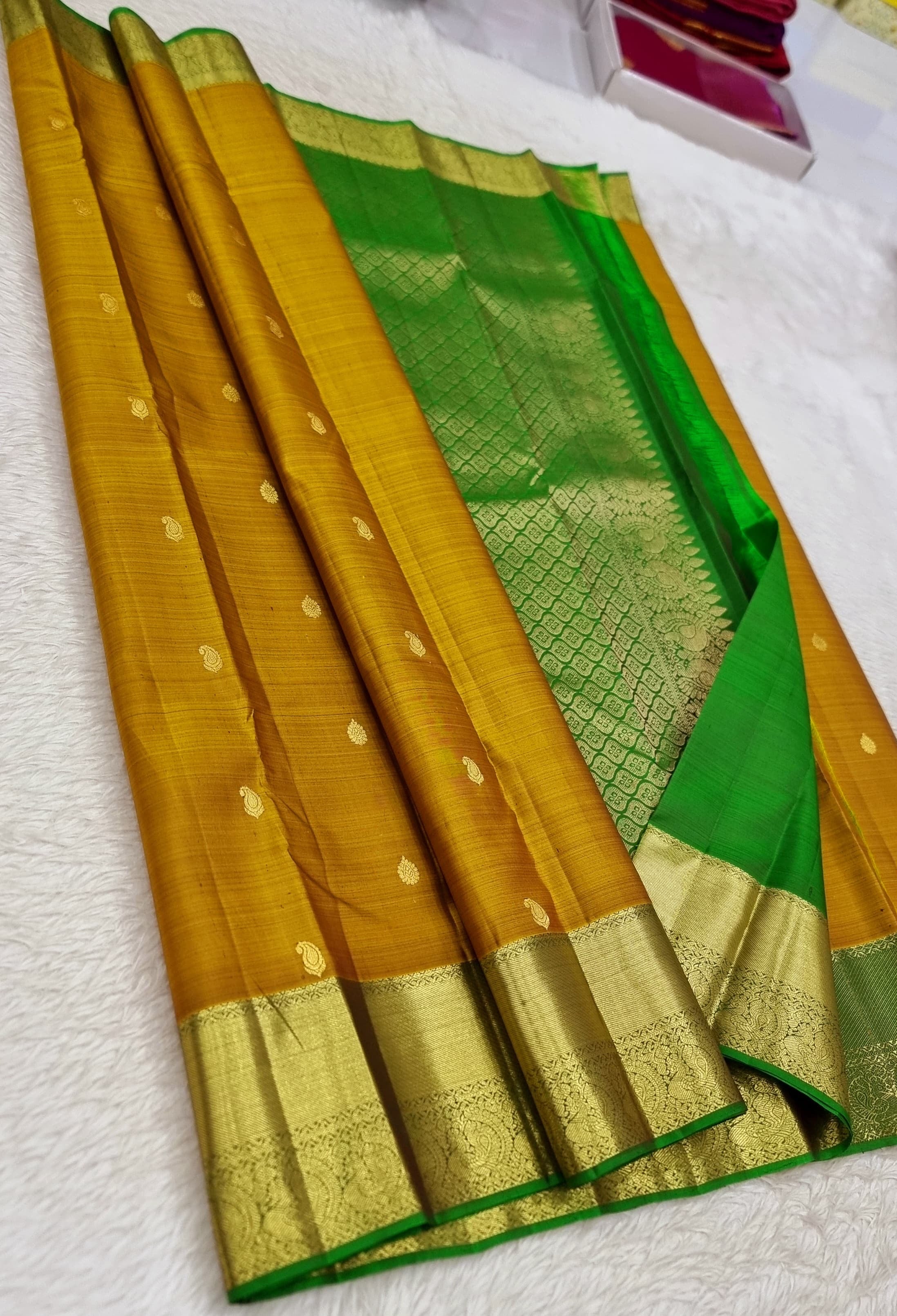 Classic Mustard & Light Green 1gm Zari Kanchipuram Handloom Silk Saree SS25786