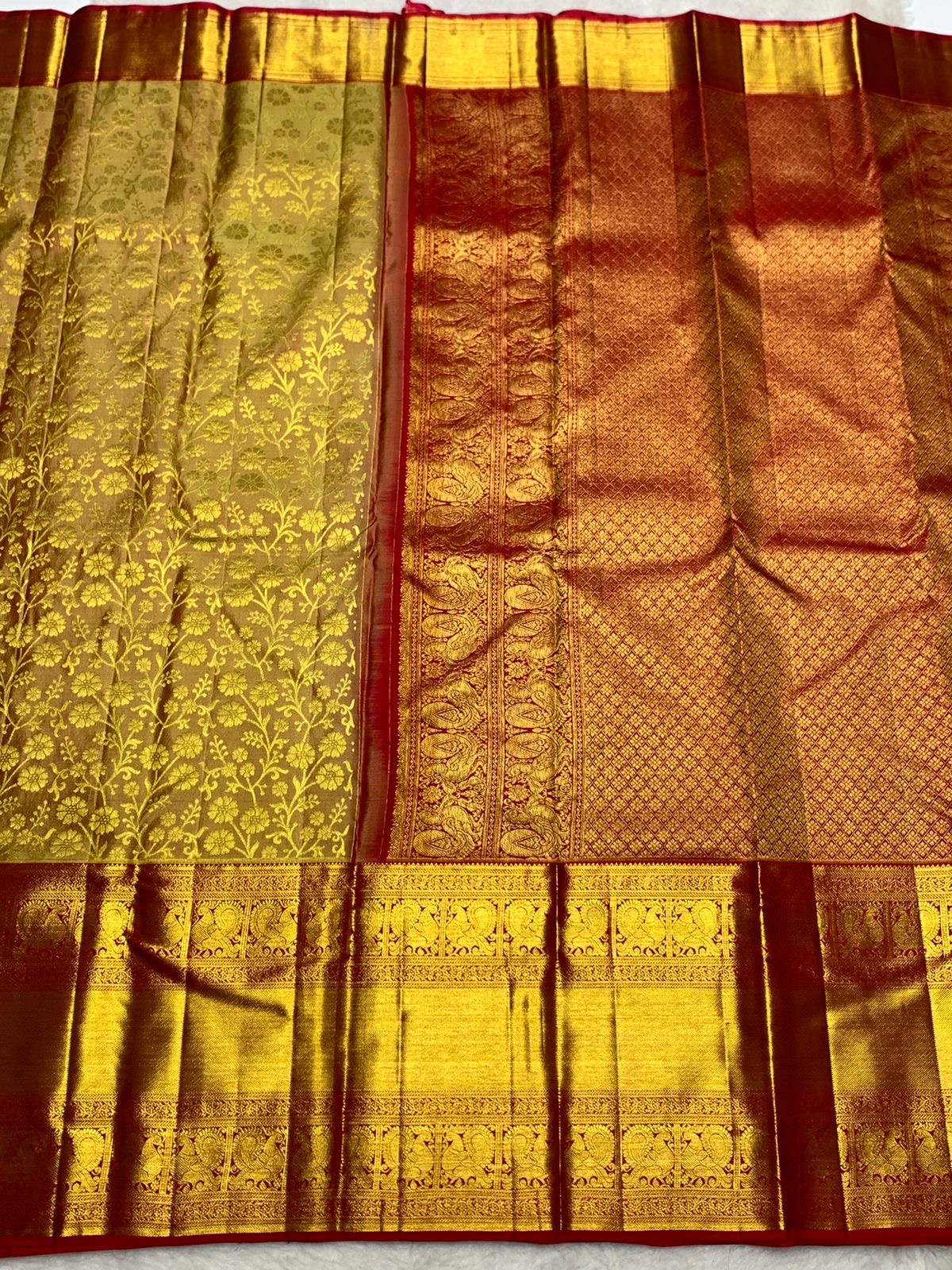 Classic Golden Mustard & Brick Red 2gm Zari Bridal Elegance Kanchipuram Handloom Silk Saree SS25356