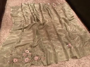 Classic Sage Green Handwork Elegance Crepe Silk Saree SS25694