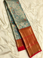 Load image into Gallery viewer, Classic Pastel Blue &amp; Chilli Red 2gm Zari Tissue Brocade Bridal Elegance Kanchipuram Handloom Silk Saree SS27098
