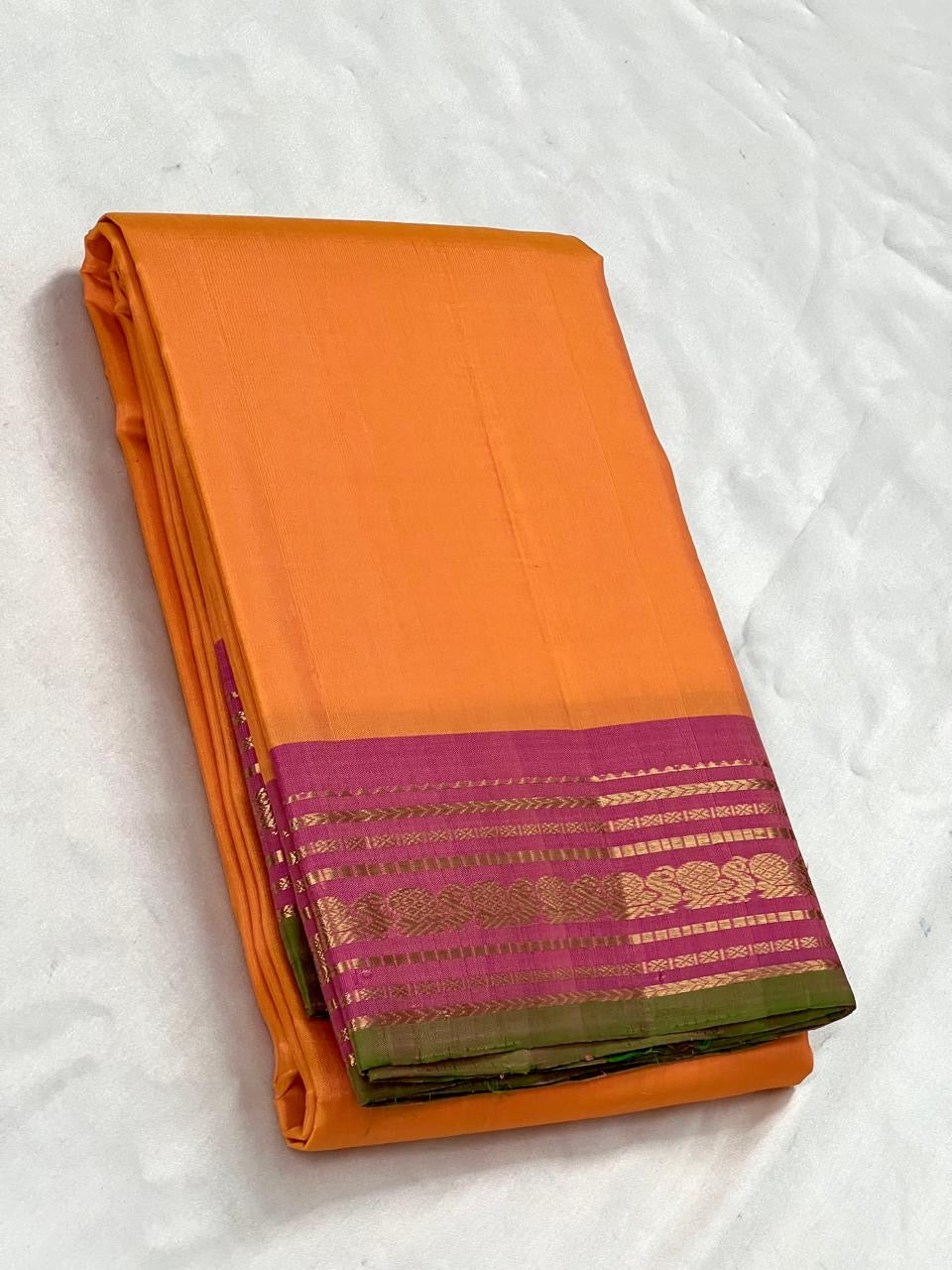 Classic Melon Orange & Dark Pink 2gm Zari Bridal Elegance Kanchipuram Handloom Silk Saree SS24770