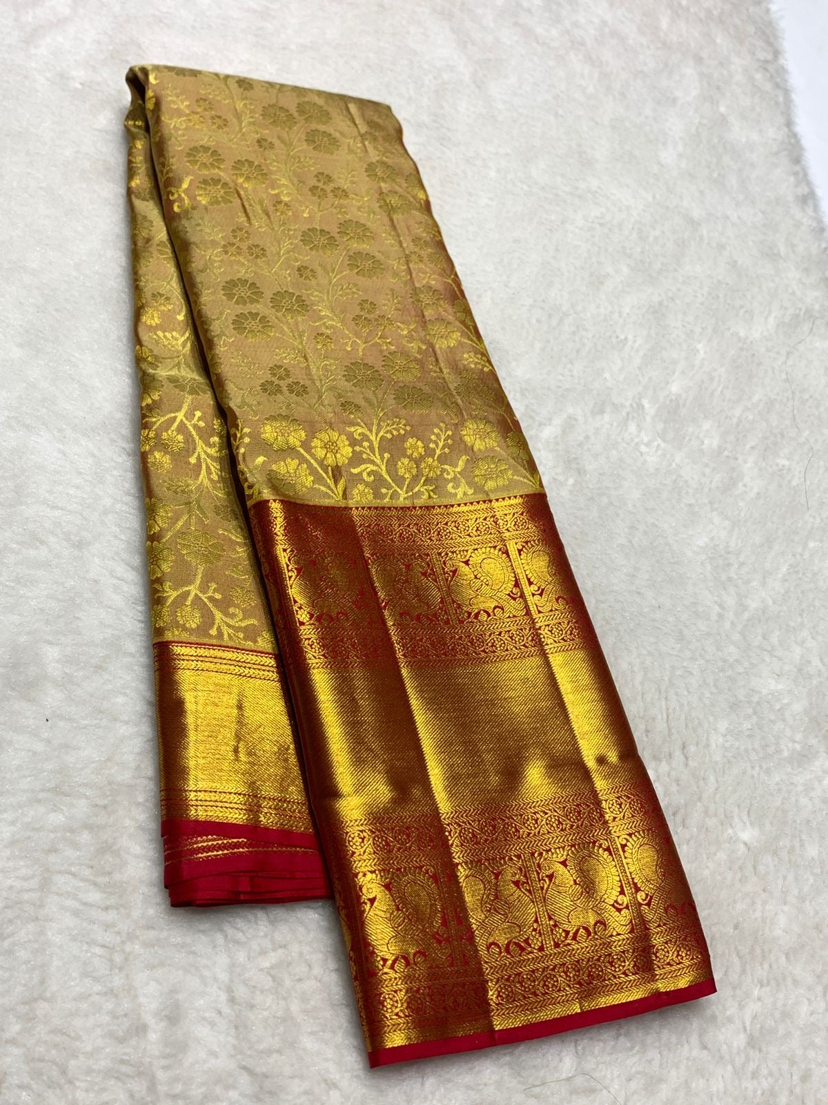 Classic Golden Mustard & Brick Red 2gm Zari Bridal Elegance Kanchipuram Handloom Silk Saree SS25356