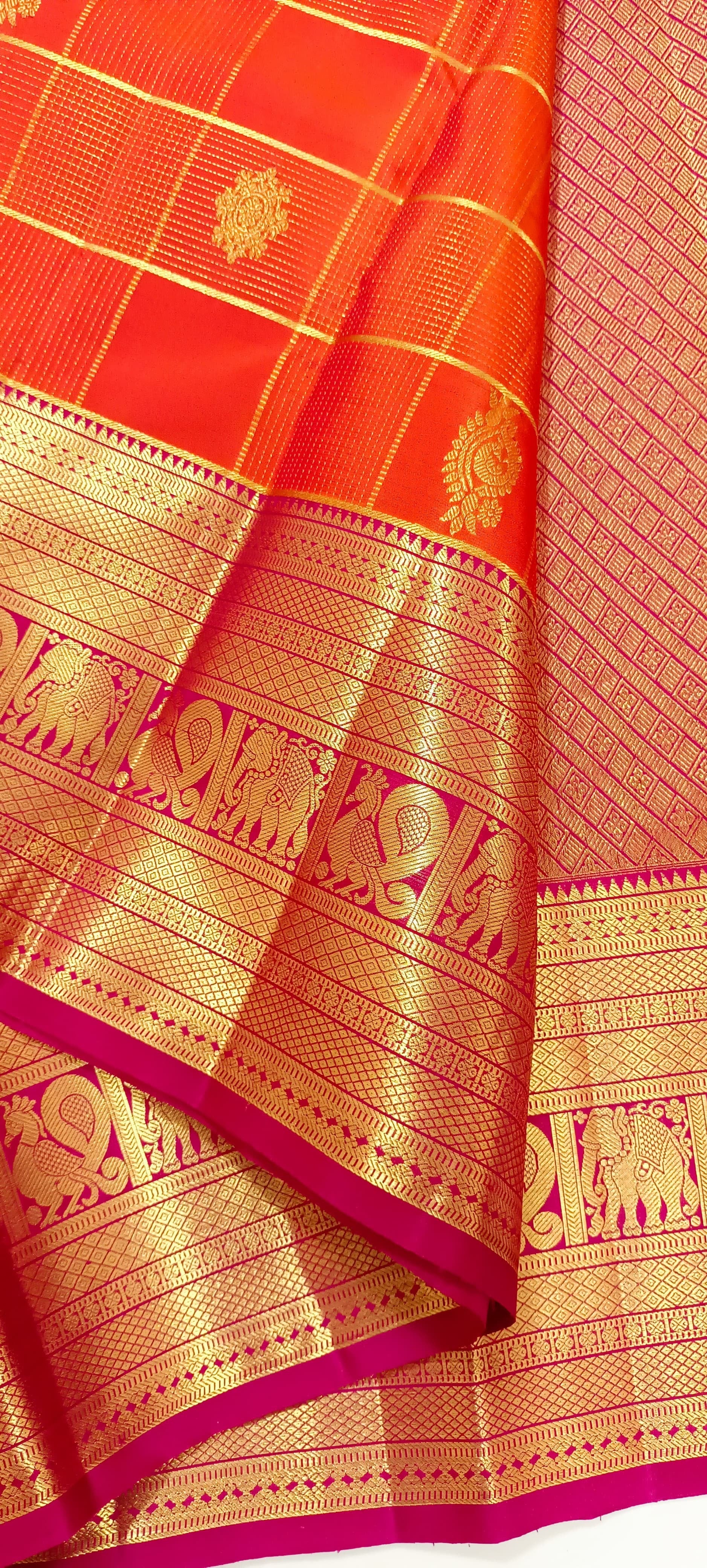 Classic Orange & Rani Pink 2gm Zari Vaira Oosi Elegance Kanchipuram Handloom Silk Saree SS25268