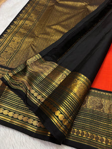 Classic Orange & Charcoal Black Bridal Elegance Kanchipuram Handloom Silk Saree SS21119