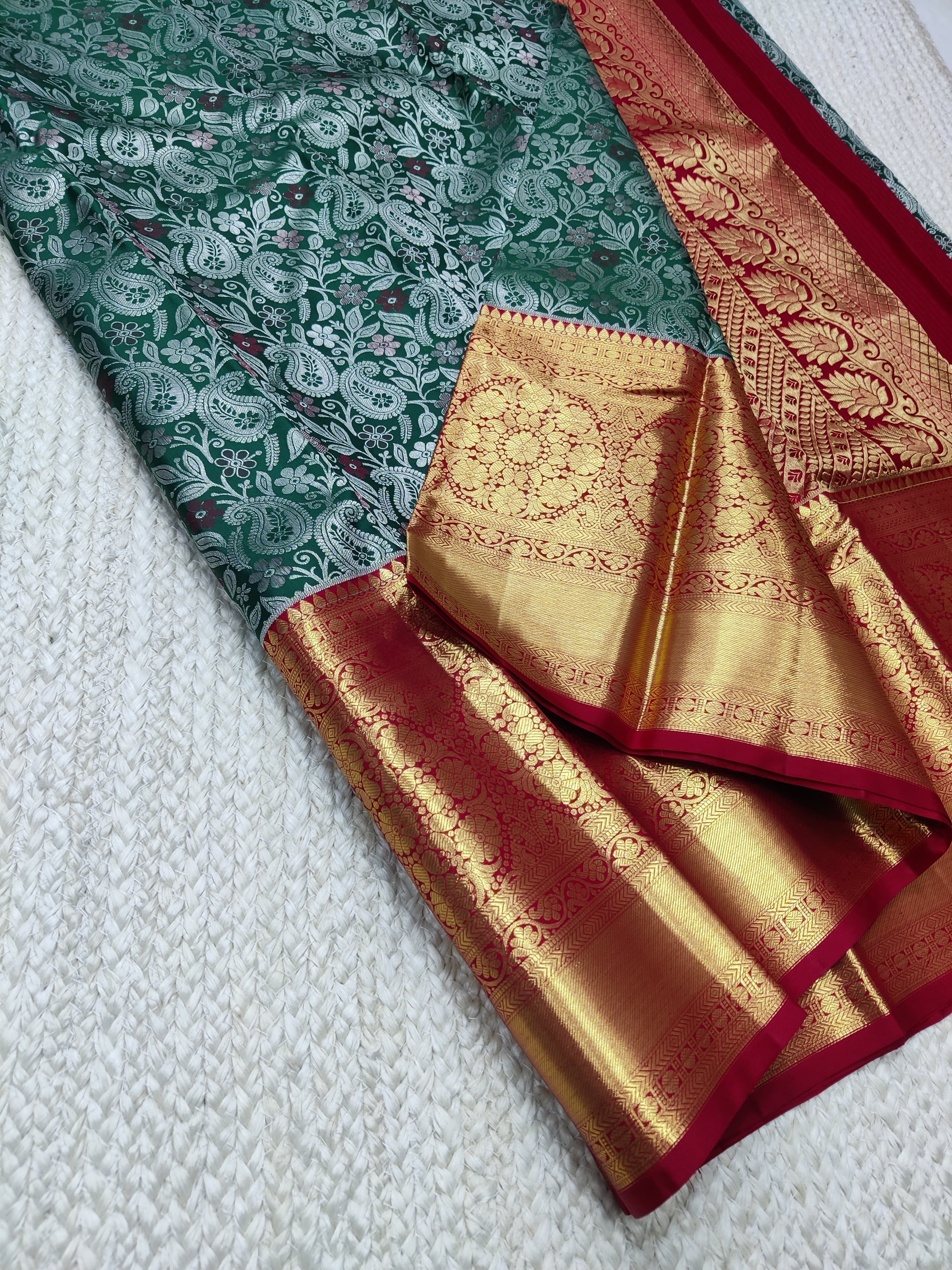 Classic Persian Green & Ruby Pink 2gm Zari Bridal Elegance Kanchipuram Handloom Silk Saree SS25398