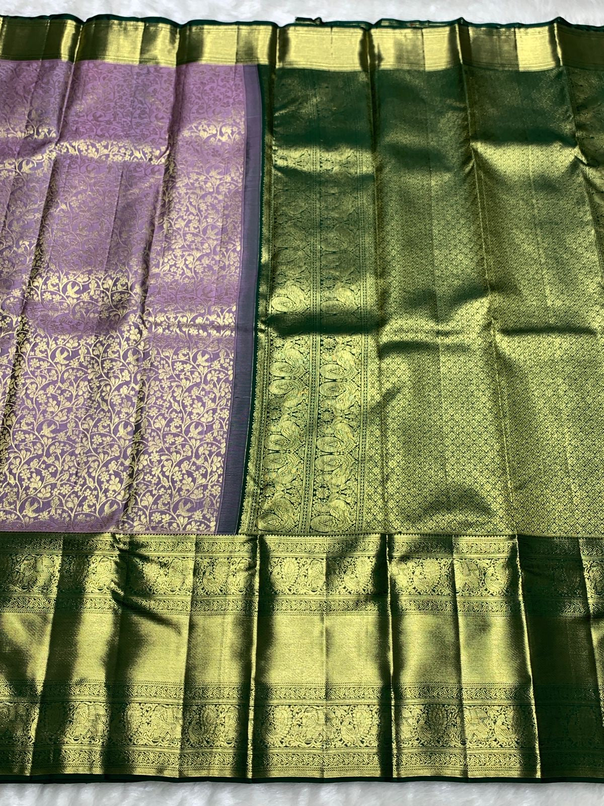 Classic Lavender & Bottle Green 2gm Zari Bridal Elegance Kanchipuram Handloom Silk Saree SS25360