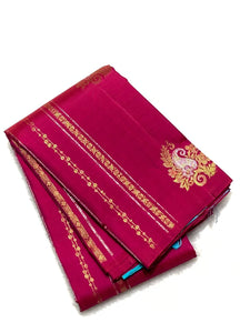 Wine Red & Cerulean Blue 2gm Zari Elegance Kanchipuram Handloom Silk Saree SS20584