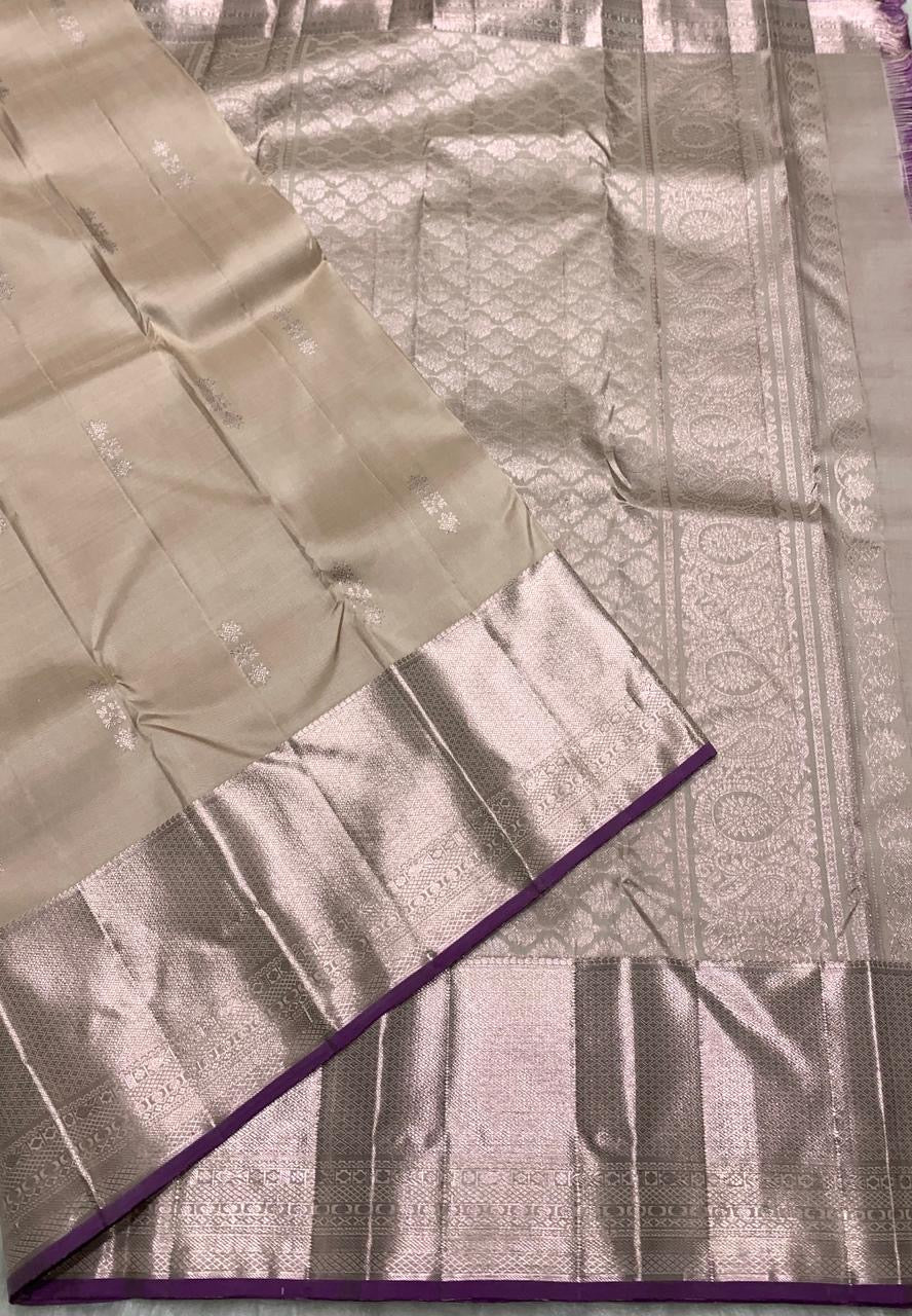 Classic Pearl Beige & Purple 2gm Zari Bridal Elegance Kanchipuram Handloom Silk Saree SS25430
