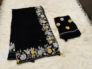 Classic Charcoal Black Pearl Sequins Handwork Satin Organza Silk Saree SS20625