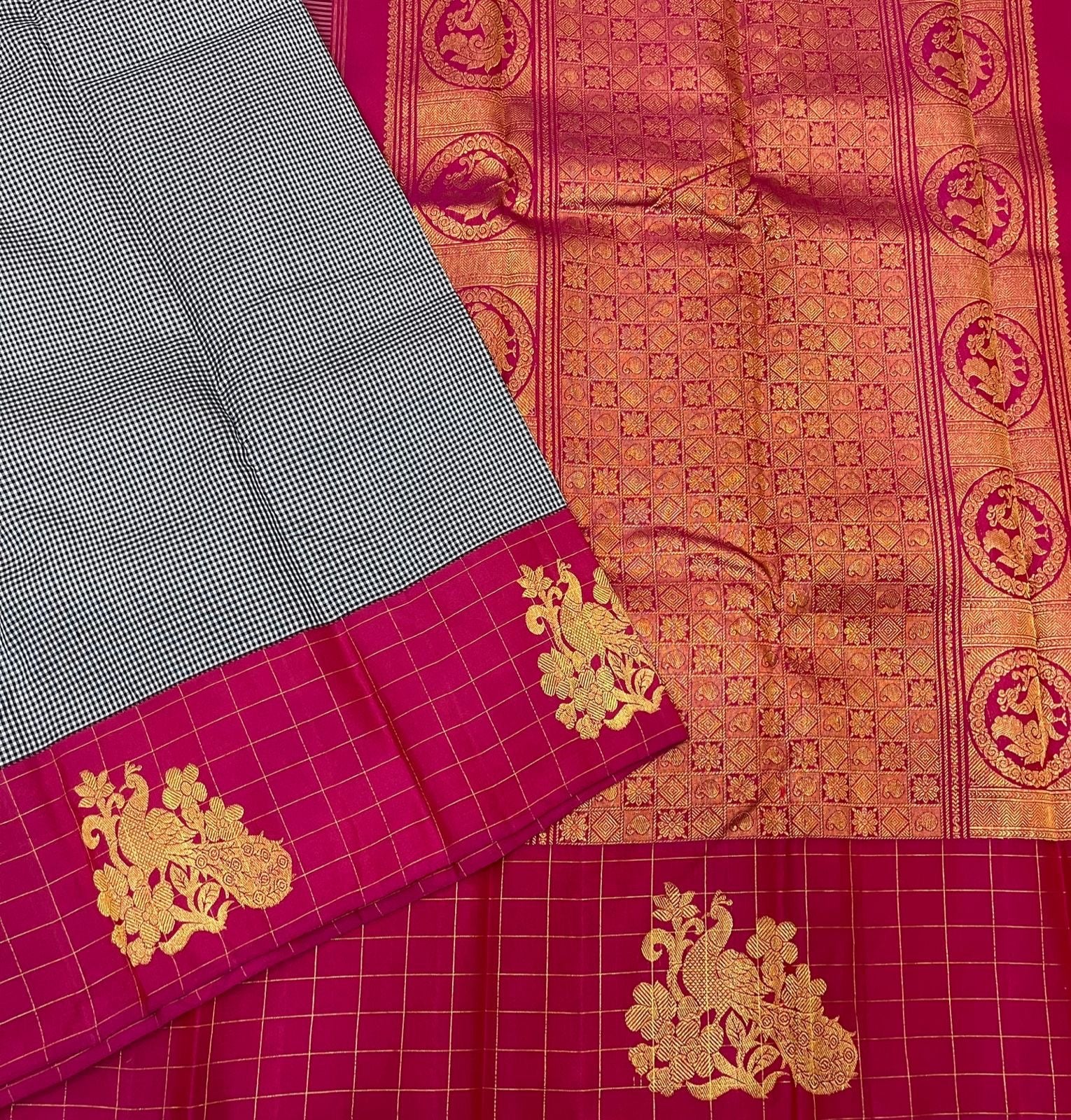 Classic Grey & Ruby Pink 2gm Zari Checks Butta Elegance Kanchipuram Handloom Silk Saree SS24457