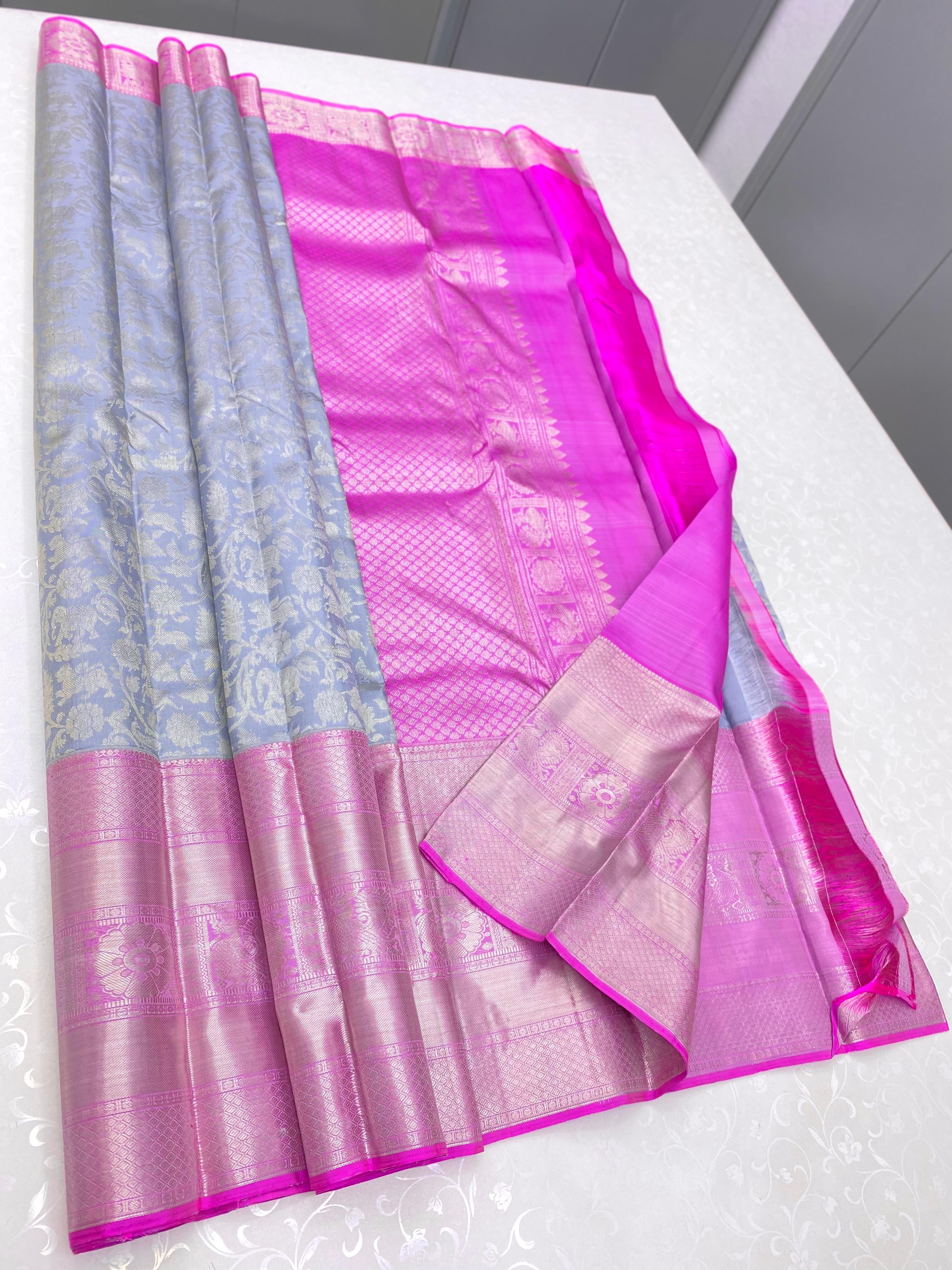 Classic Grey & Fuchsia Pink 2gm Zari Elegance Kanchipuram Handloom Silk Saree SS24261