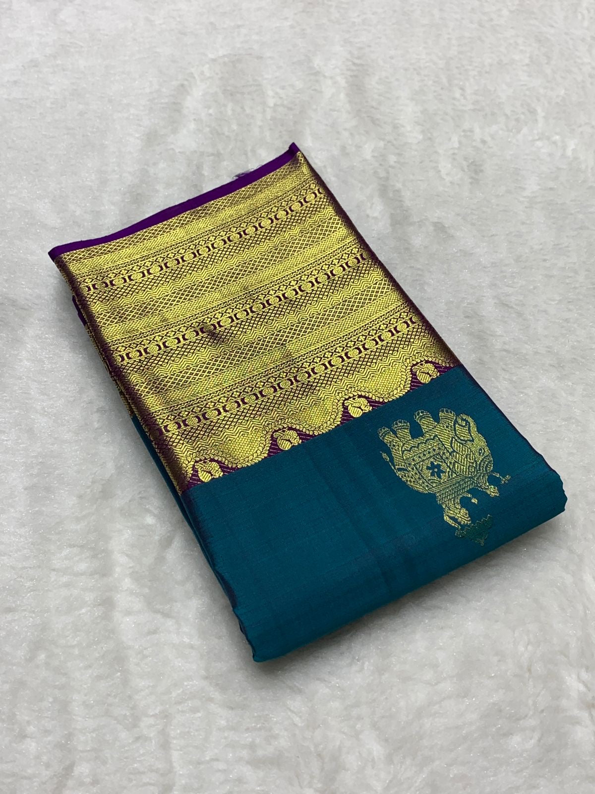 Classic Teal Blue Green & Purple Berry 2gm Zari Bridal Elegance Kanchipuram Handloom Silk Saree SS23561