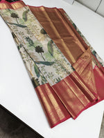 Load image into Gallery viewer, Classic Butter Cream &amp; Red 2gm Zari Digital Print Bridal Elegance Kanchipuram Handloom Silk Saree SS25298
