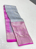 Load image into Gallery viewer, Classic Grey &amp; Fuchsia Pink 2gm Zari Elegance Kanchipuram Handloom Silk Saree SS24261
