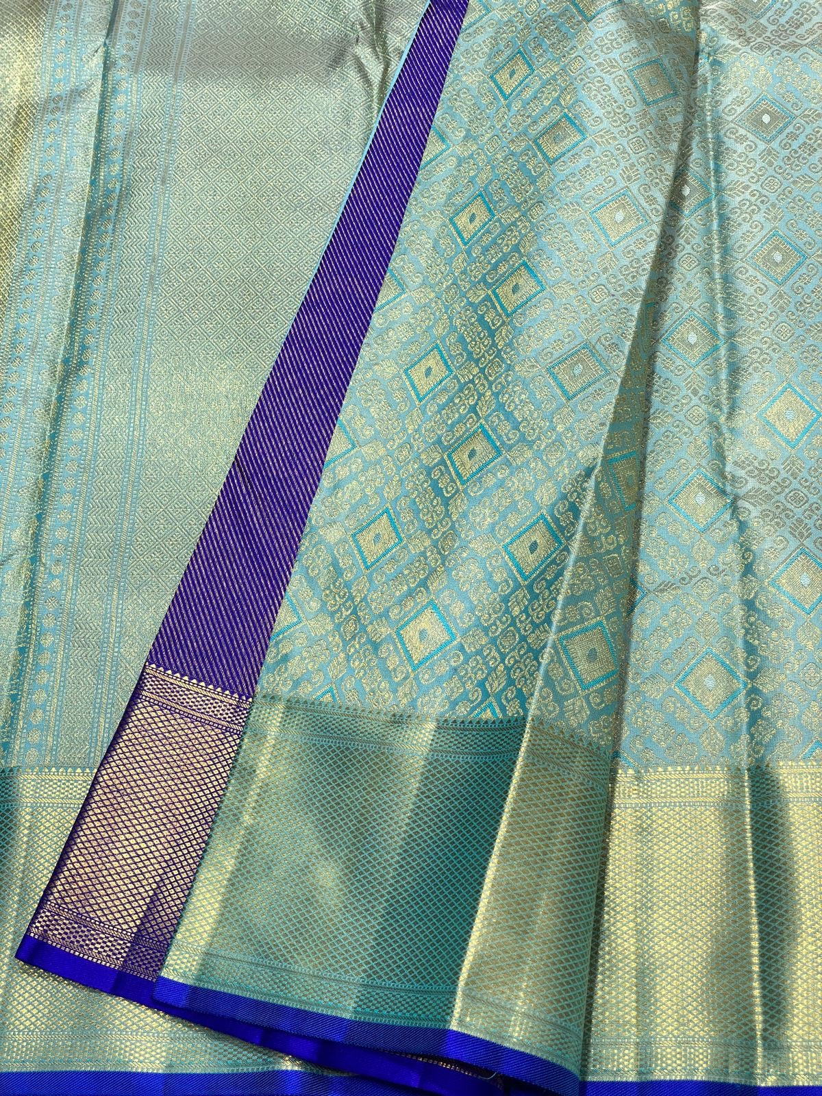 Classic Sky Blue & Royal Blue 2gm Zari Kanchipuram Handloom Silk Saree SS25619