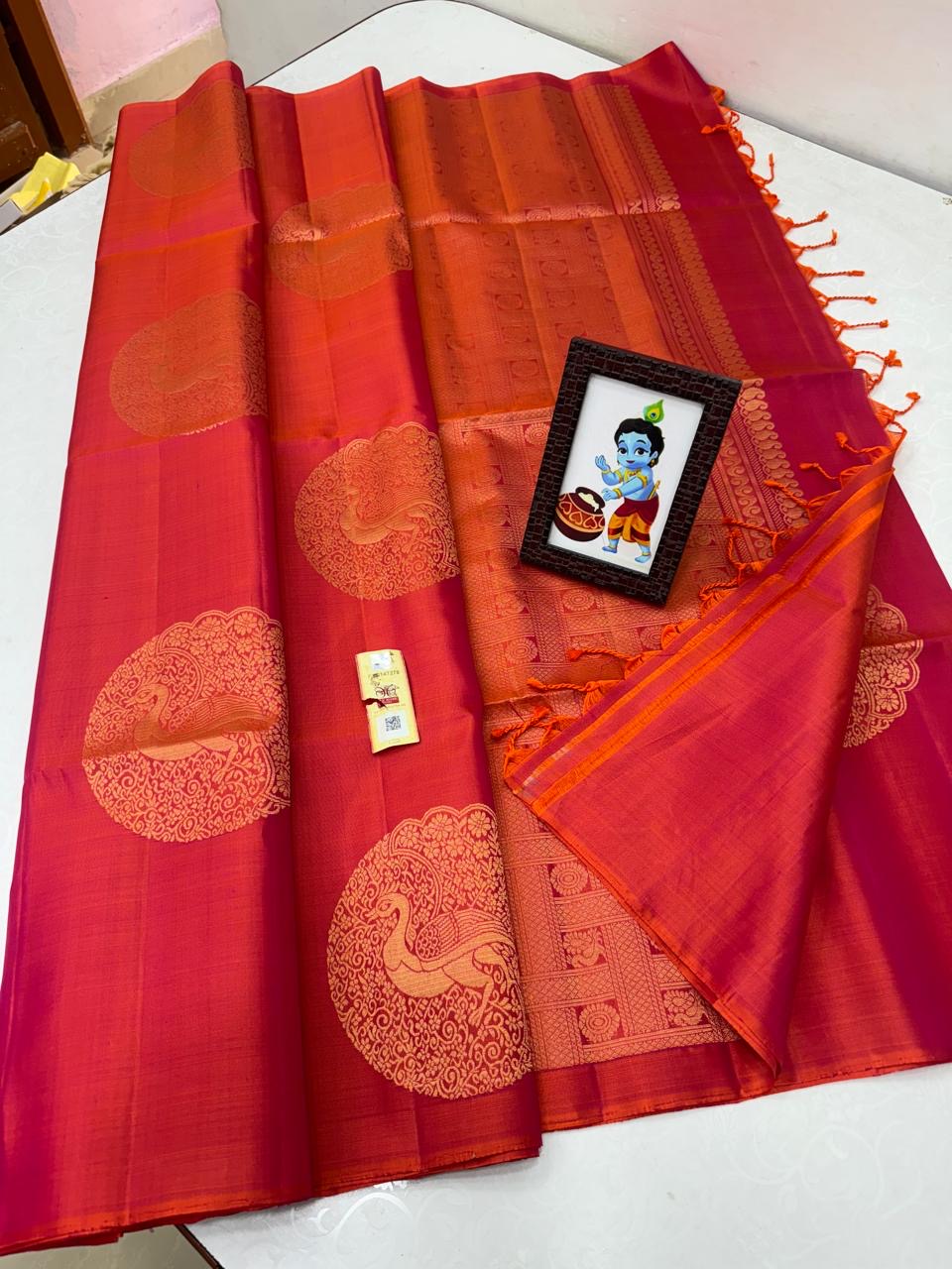 Classic Dual Shaded Orange Double Warp Elegance Handloom Soft Silk Saree SS23538