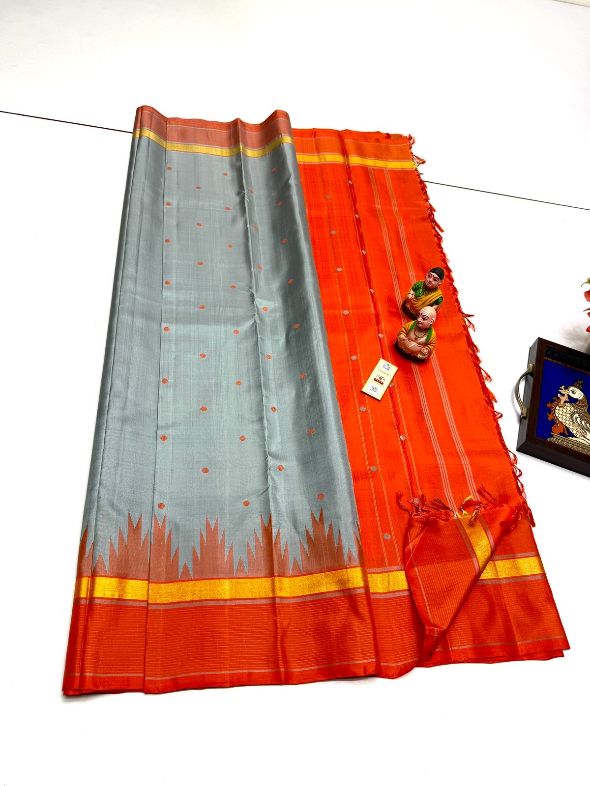 Classic Metallic Grey & Apricot Orange  Korvai Elegance Handloom Soft Silk Saree SS24107