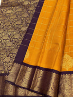 Load image into Gallery viewer, Classic Mango Yellow &amp; Plum 2gm Zari Vaira Oosi Checks Elegance Kanchipuram Handloom Silk Saree SS24606
