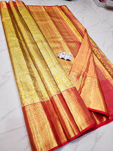 Classic Yellow & Dark Scarlet Red Bridal Elegance Kanchipuram Handloom Silk Saree SS25710
