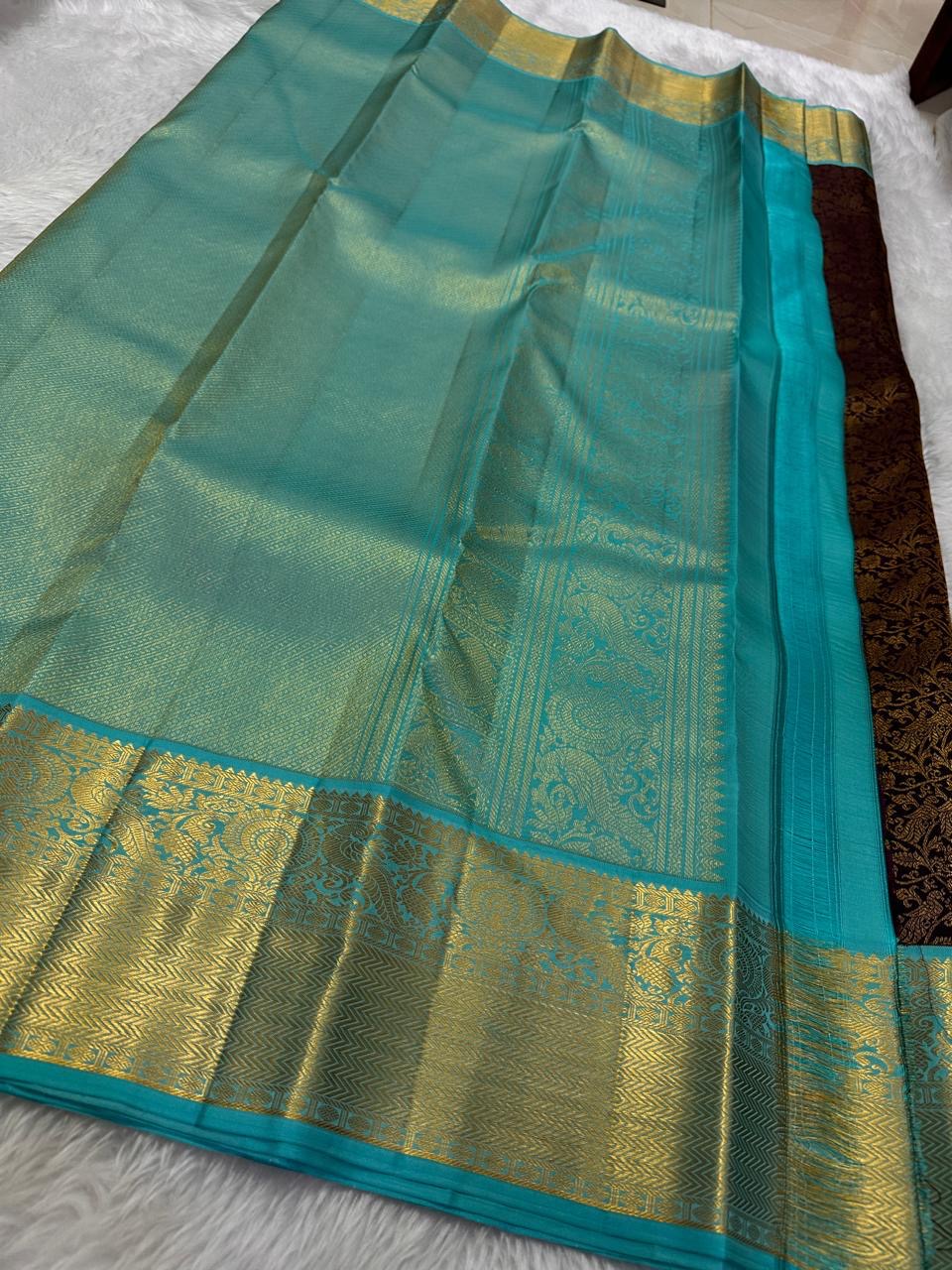 Classic Dark Chocolate & Sky Blue 2gm Zari Bridal Elegance Kanchipuram Handloom Silk Saree SS24479