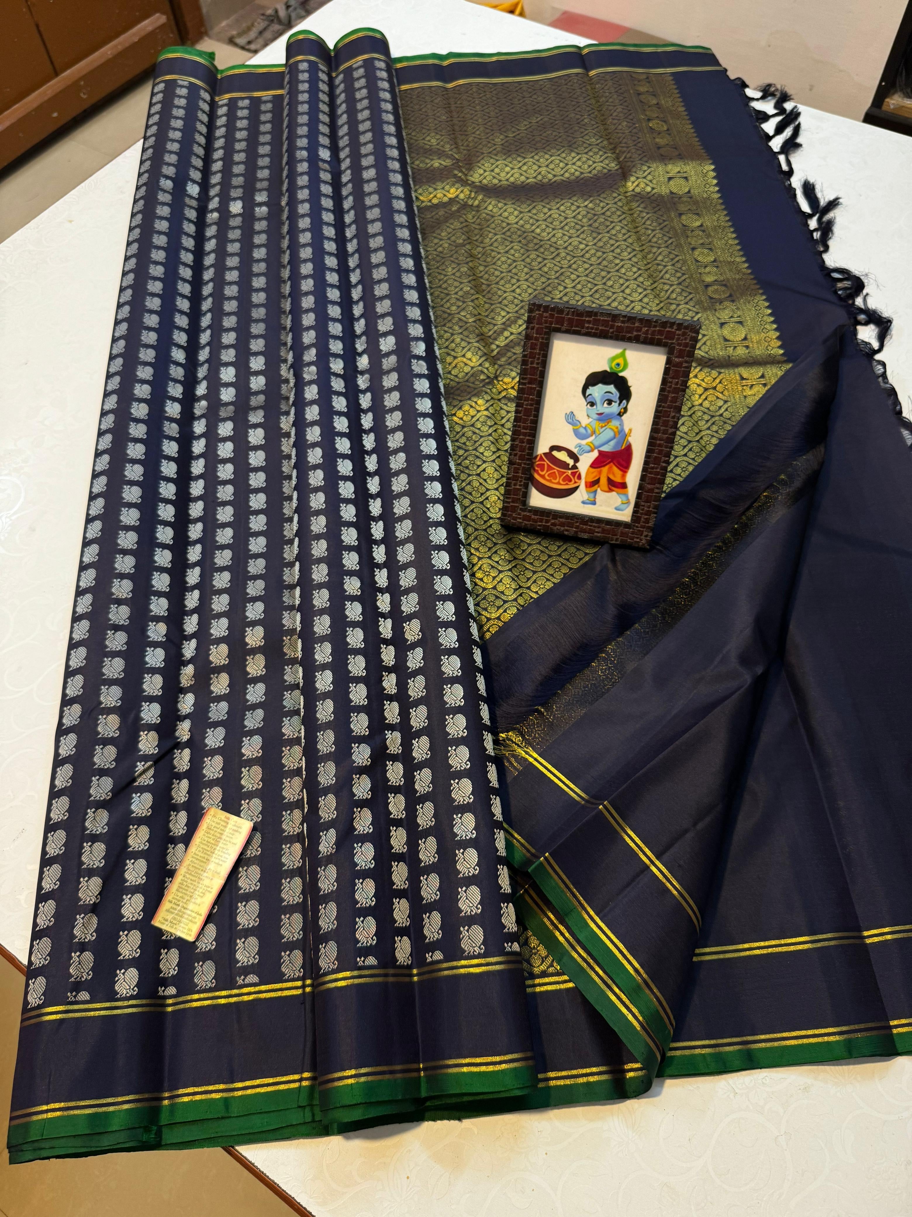 Classic Midnight Blue 1gm Zari Elegance Kanchipuram Handloom Silk Saree SS24387