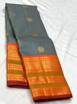 Load image into Gallery viewer, Classic Grey &amp; Orange 2gm Zari Elegance Kanchipuram Handloom Silk Saree SS24218
