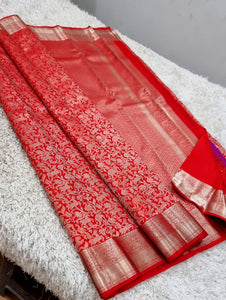 Classic Carmine Red 1gm Silver Zari Kanchipuram Handloom Silk Saree SS25800