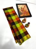 Load image into Gallery viewer, Classic Lime Green Checks Elegance Kanchipuram Handloom Silk Saree SS24067
