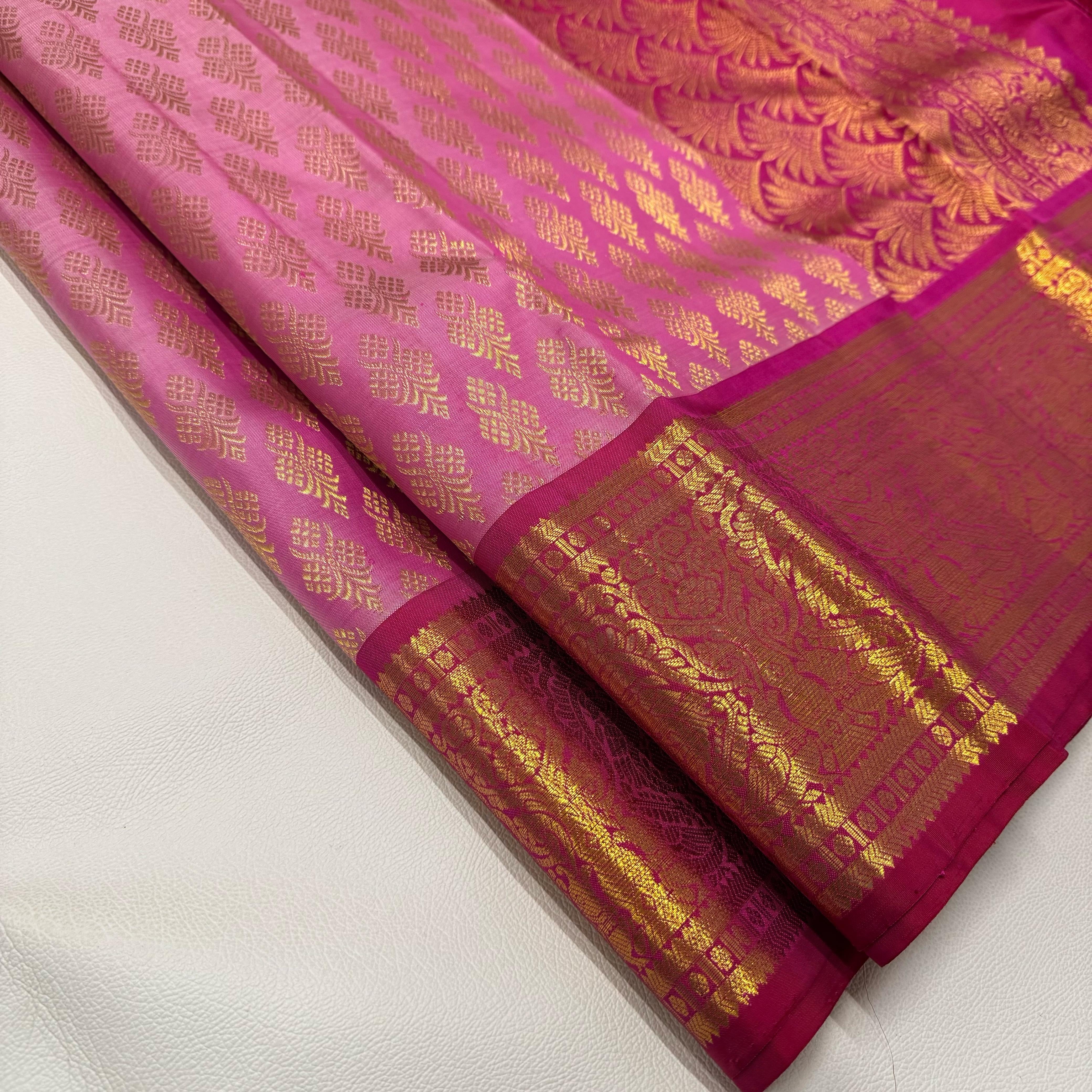 Classic Creamy Pink & Deep Pink 2gm Zari Bridal Elegance Kanchipuram Handloom Silk Saree SS24758