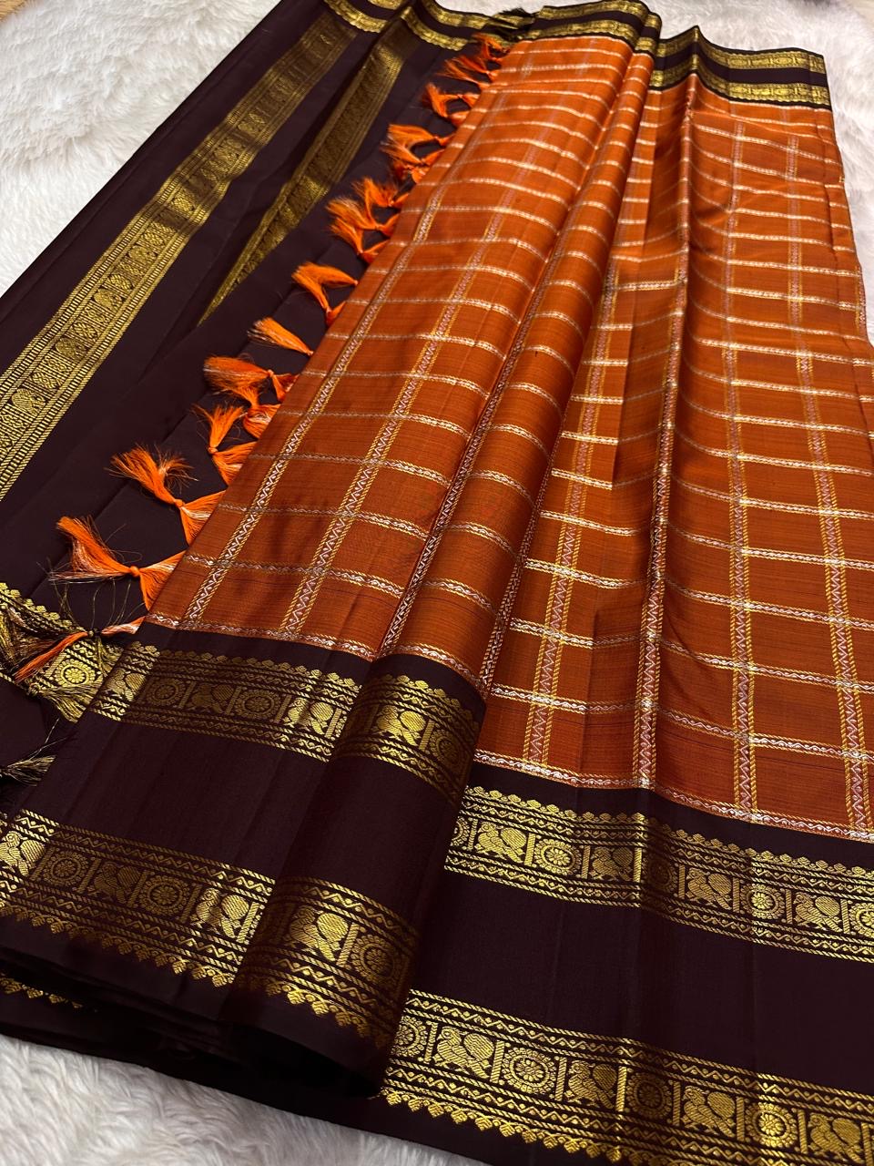 Classic Dark Orange Mustard & Dark Chocolate Kanchipuram Handloom Silk Saree SS26093