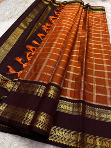 Classic Dark Orange Mustard & Dark Chocolate Kanchipuram Handloom Silk Saree SS26093