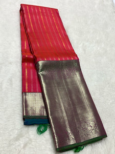 Classic Tomato Red & Emerald Green 2gm Zari Elegance Kanchipuram Handloom Silk Saree SS24615