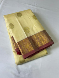 Classic Butter Cream & Reddish Pink Elegance Kanchipuram Handloom Silk Saree SS23779