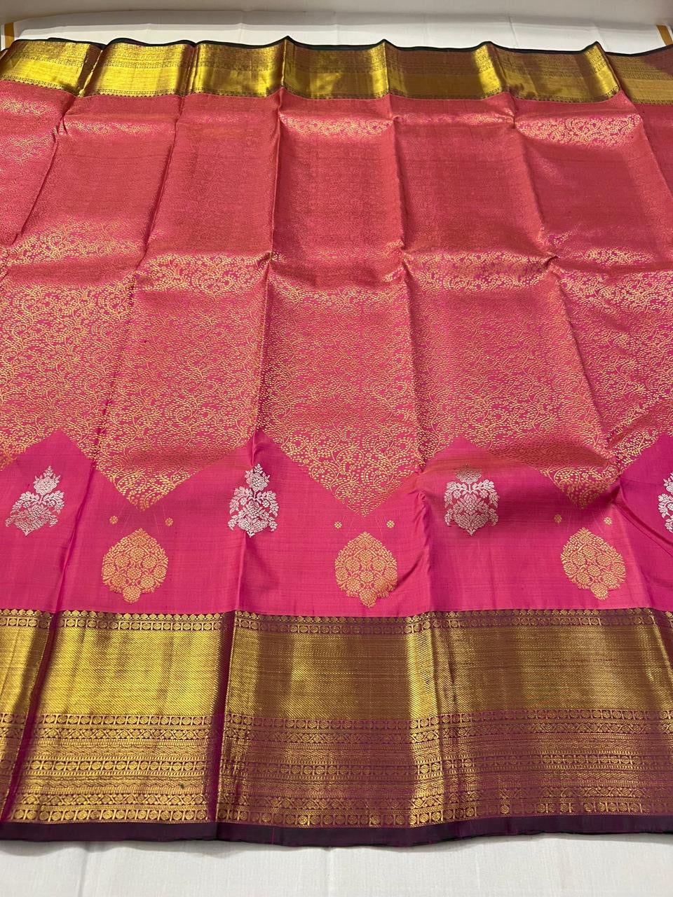 Classic Rose Pink 2gm Zari Thread Work Kanchipuram Handloom Silk Saree SS26021