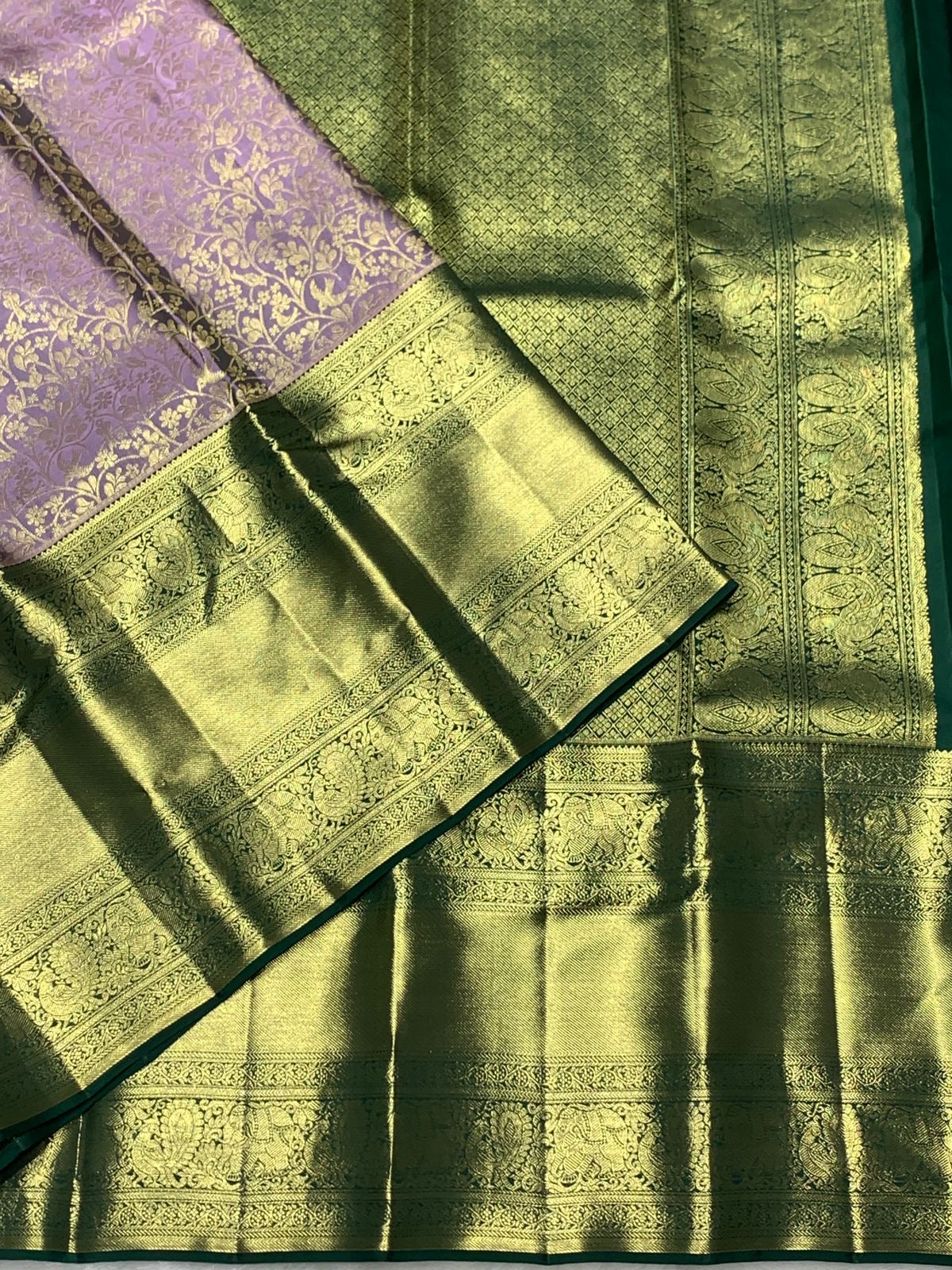 Classic Lavender & Bottle Green 2gm Zari Bridal Elegance Kanchipuram Handloom Silk Saree SS25360