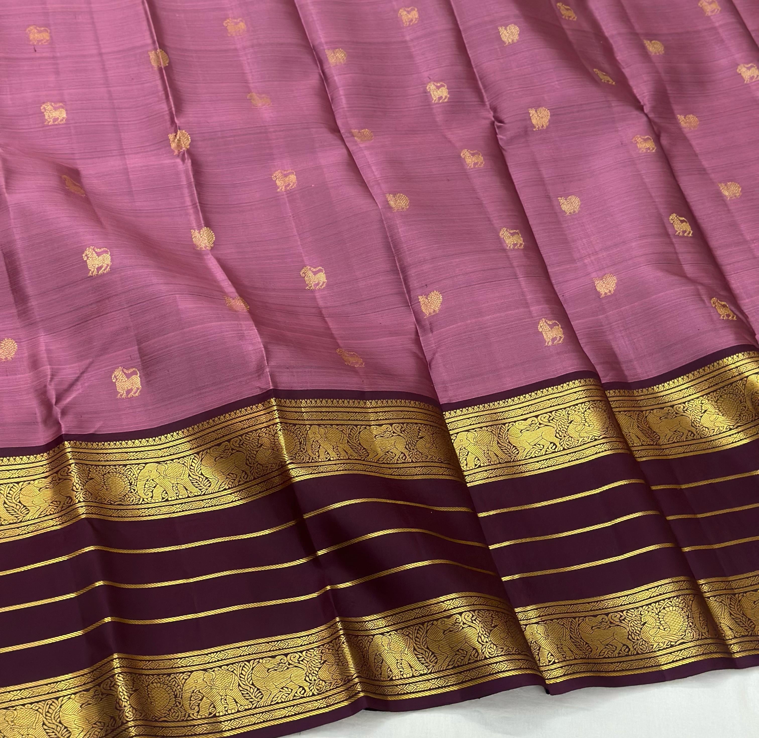 Classic Creamy Pink & Chocolate Brown 1gm Zari Elegance Kanchipuram Handloom Silk Saree SS24504