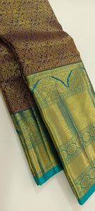 Classic Coffee Brown & Peacock Green 2gm Zari Bridal Elegance Kanchipuram Handloom Silk Saree SS23943