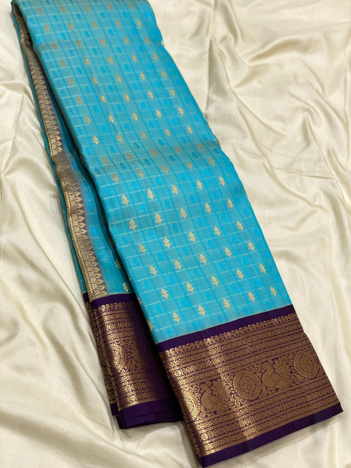 Classic Sky Blue & Violet 1gm Zari Kanchipuram Handloom Silk Saree SS25813