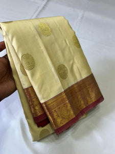 Classic Butter Cream & Reddish Pink Elegance Kanchipuram Handloom Silk Saree SS23779