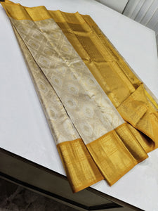 Classic Pearl White & Golden Yellow 2gm Zari Bridal Elegance Kanchipuram Handloom Silk Saree SS23870