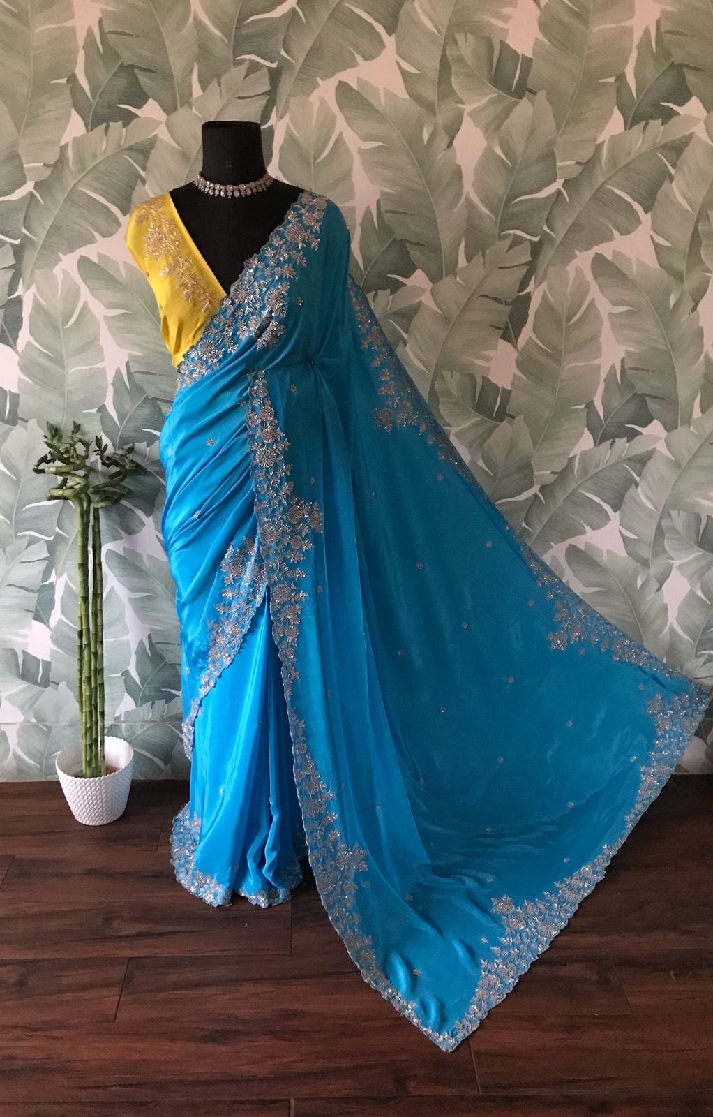 Classic Azure Blue Handwork Elegance Crepe Silk Saree SS24529