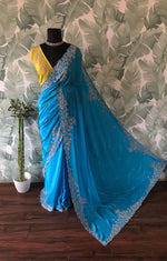 Load image into Gallery viewer, Classic Azure Blue Handwork Elegance Crepe Silk Saree SS24529
