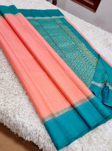 Classic Peach & Blue Kanchipuram Handloom Silk Saree SS25563