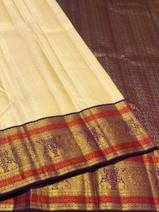 Pearl Cream & Violet 2gm Zari Elegance Kanchipuram Handloom Silk Saree SS21145